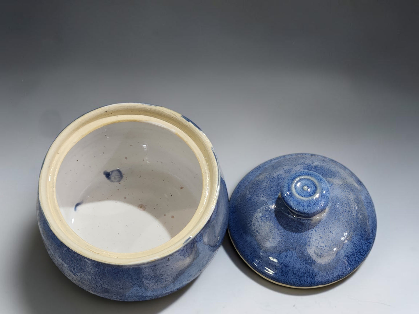 Handmade ceramic lidded jar in blue glaze, ideal for sugar, tea table styling or kitchen storage