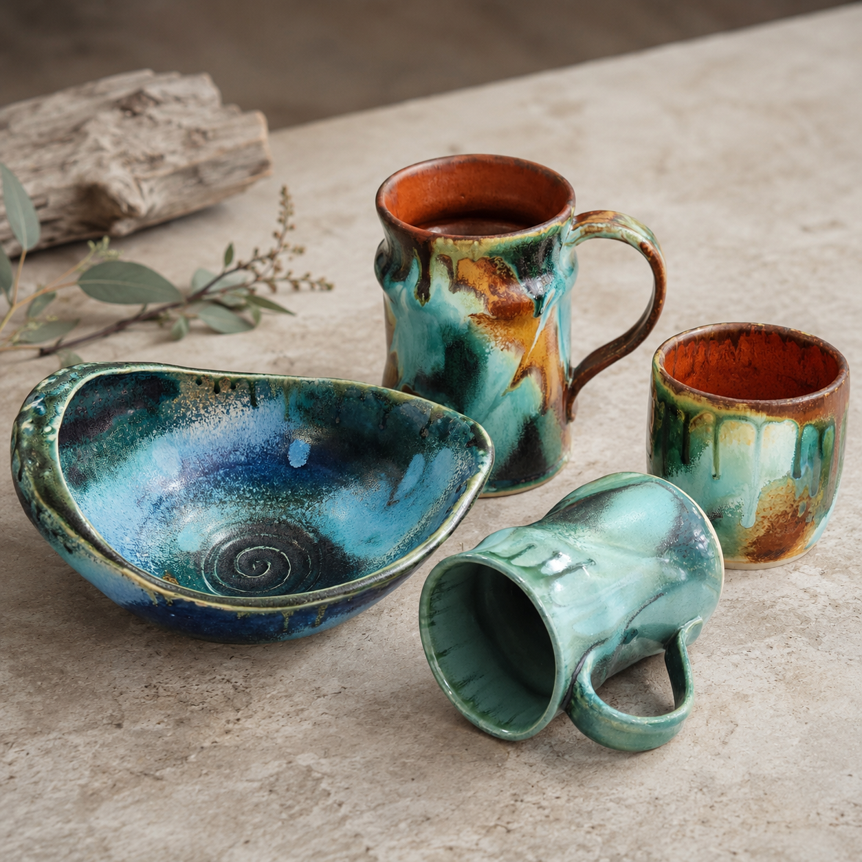 Handmade ceramic 400ml mug in Bush Creek glaze styled with French coffee press and sweet pastry in a warm kitchen setting