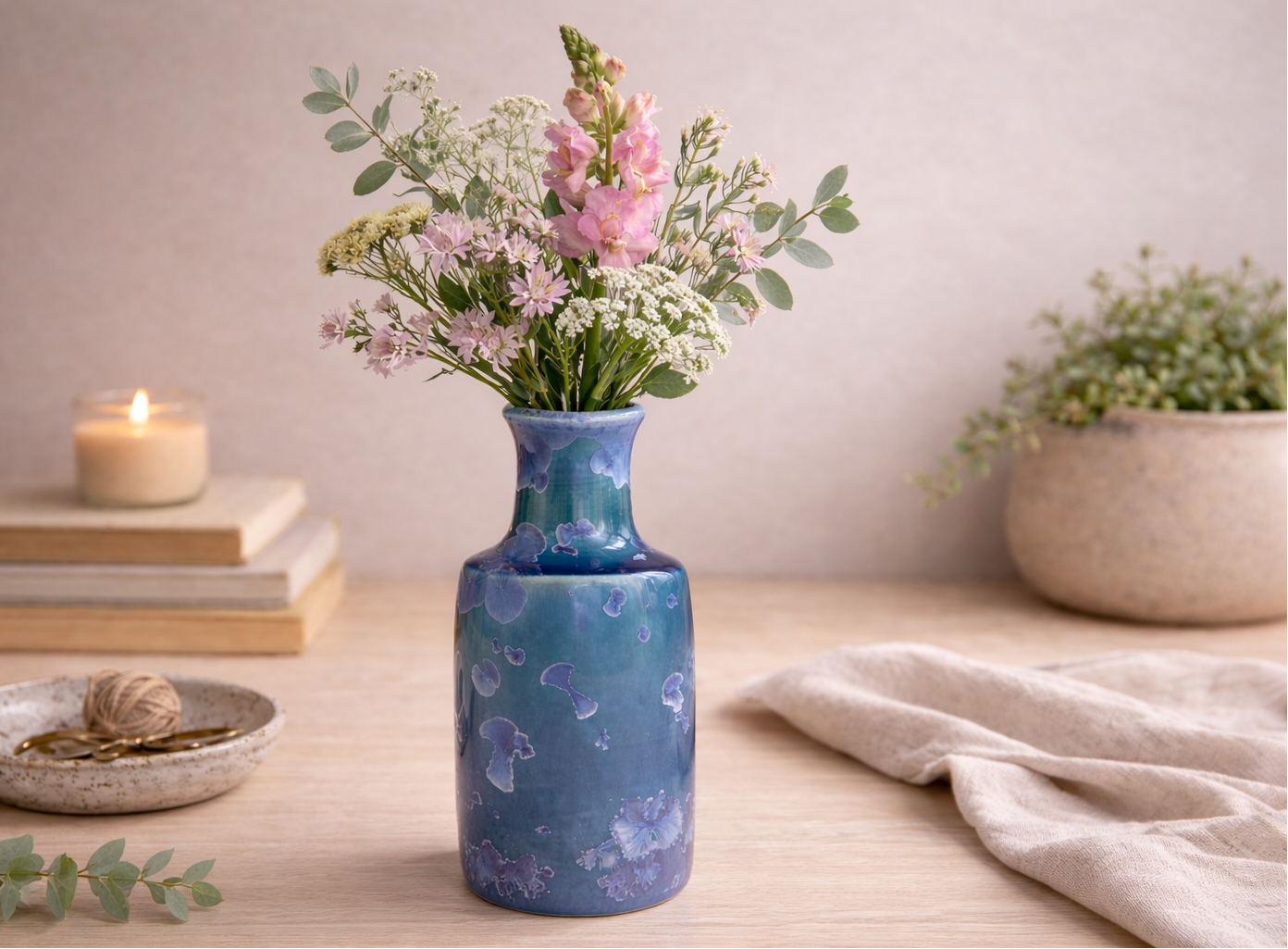 Handmade ceramic bottle bud vase in blue and turquoise glaze, Melbourne studio pottery