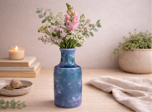 Handmade ceramic bottle bud vase in blue and turquoise glaze, Melbourne studio pottery