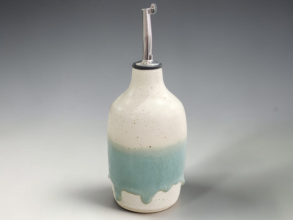 Artisan ceramic pouring bottle for olive oil with stainless spout and stopper