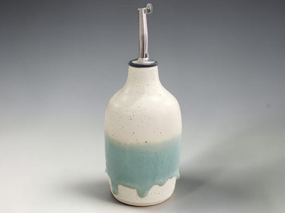 Artisan ceramic pouring bottle for olive oil with stainless spout and stopper