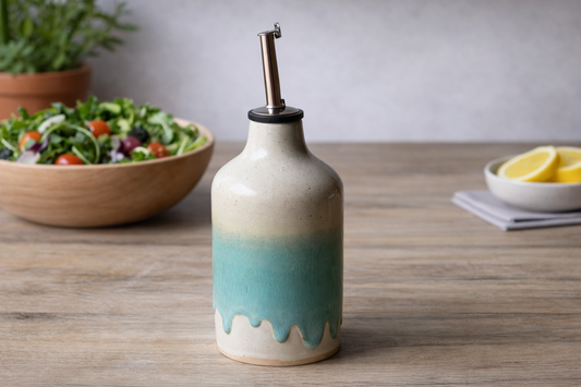 Handmade ceramic oil bottle with stainless pourer, mint green and cream glaze