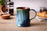 Handmade ceramic mug with teal green and rust glaze, Buxton Pottery Melbourne