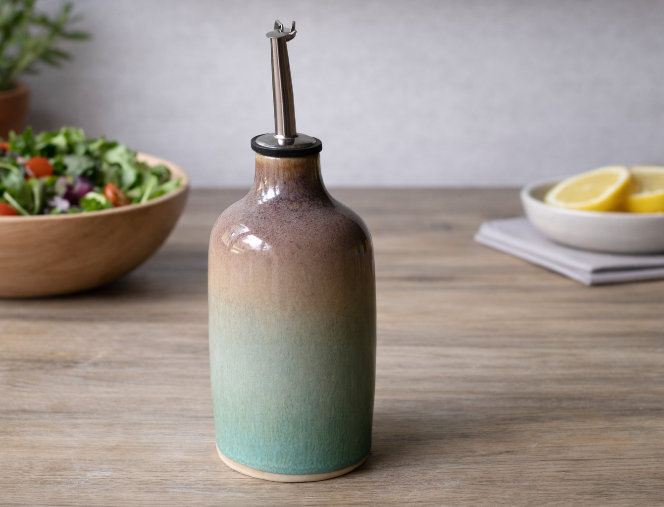 Handmade ceramic oil bottle cruet in green and brown glaze – Buxton Pottery Melbourne