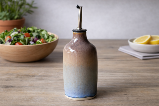 Handmade ceramic oil bottle with stainless steel pourer, brown-to-cream glaze