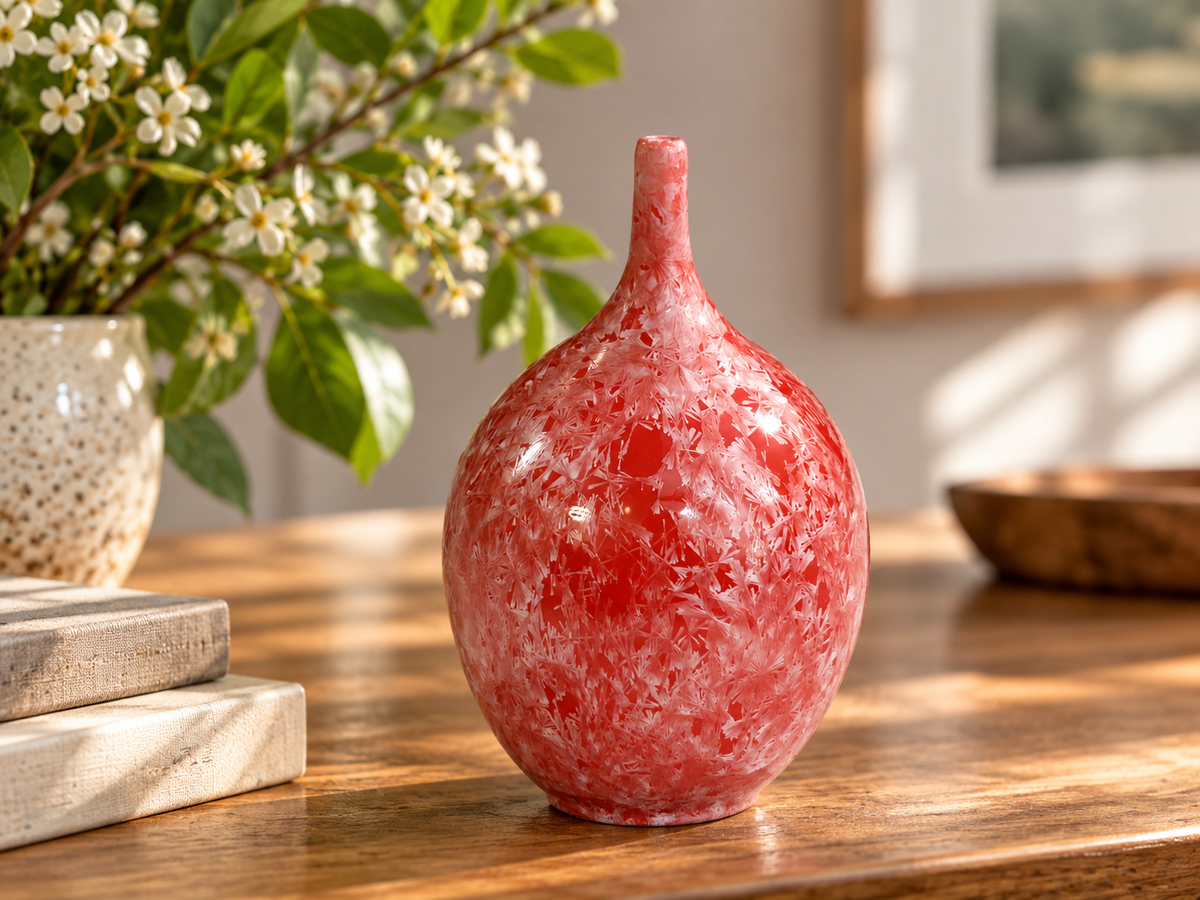 Red crystalline vase displayed as handmade ceramic home decor