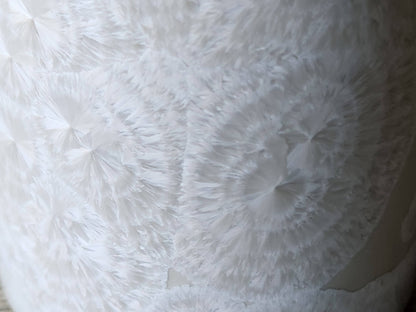 Close up of flower-like crystals on a Handmade Australian crystalline cylinder vase – one-of-a-kind