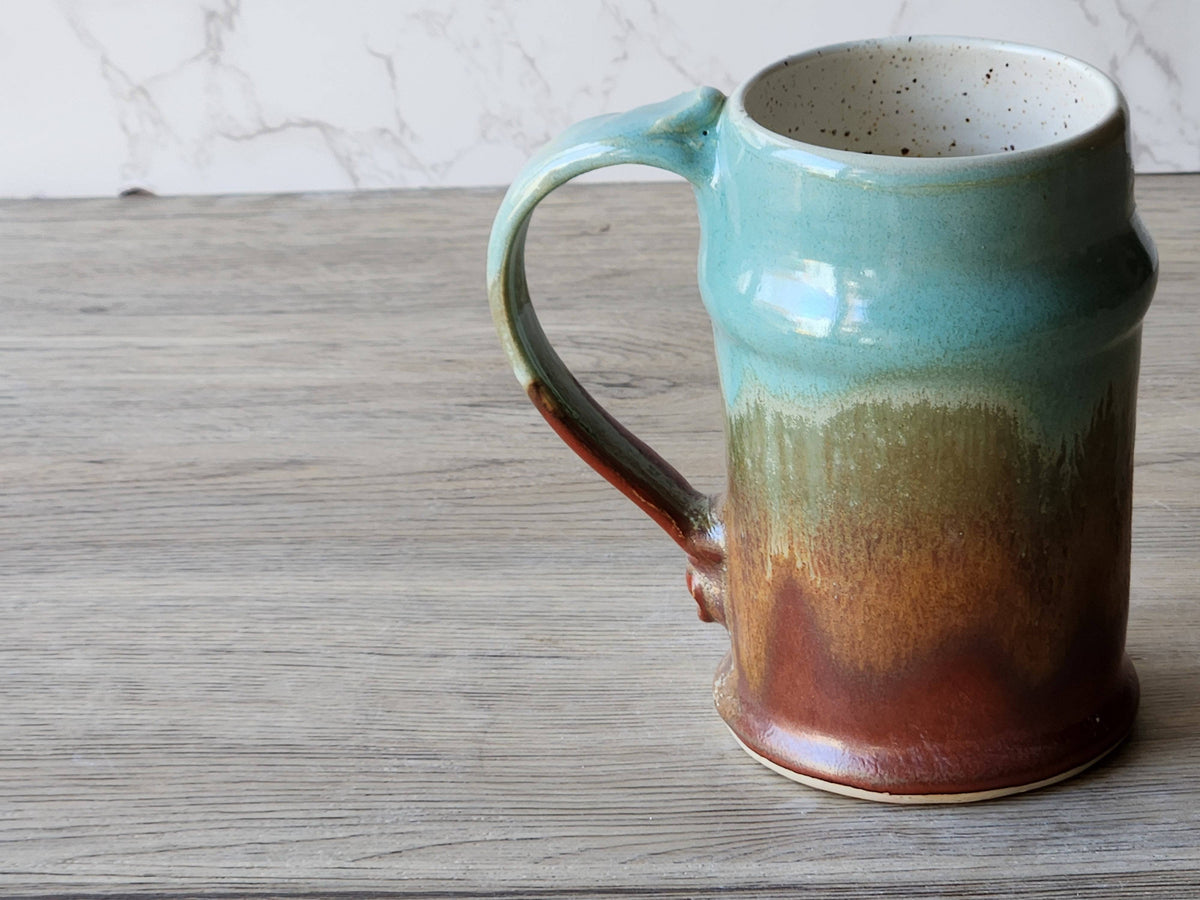 Handmade Ceramic Beer Stein – 500ml Stoneware Mug with Green & Red-Brown Glaze - Buxton Pottery