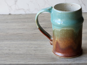 Handmade Ceramic Beer Stein – 500ml Stoneware Mug with Green & Red-Brown Glaze - Buxton Pottery