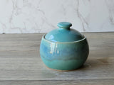Handmade Ceramic Sugar Bowl – Mottled Green & Blue Glaze with White Interior – Wheel-Thrown Stoneware - Buxton Pottery