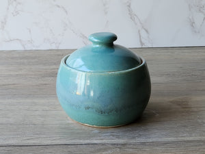 Handmade Ceramic Sugar Bowl – Mottled Green & Blue Glaze with White Interior – Wheel-Thrown Stoneware - Buxton Pottery
