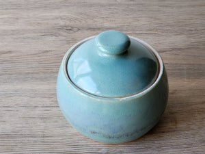 Handmade Ceramic Sugar Bowl – Mottled Green & Blue Glaze with White Interior – Wheel-Thrown Stoneware - Buxton Pottery