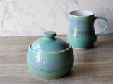 Handmade Ceramic Sugar Bowl – Mottled Green & Blue Glaze with White Interior – Wheel-Thrown Stoneware - Buxton Pottery