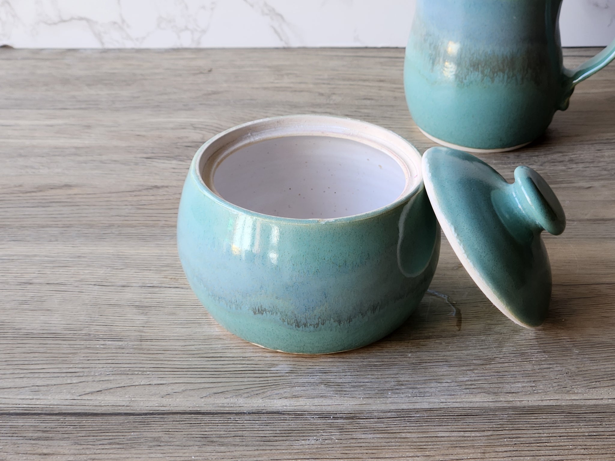 Handmade Ceramic Sugar Bowl – Mottled Green & Blue Glaze with White Interior – Wheel-Thrown Stoneware - Buxton Pottery