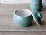 Handmade Ceramic Sugar Bowl – Mottled Green & Blue Glaze with White Interior – Wheel-Thrown Stoneware - Buxton Pottery