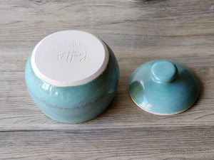 Handmade Ceramic Sugar Bowl – Mottled Green & Blue Glaze with White Interior – Wheel-Thrown Stoneware - Buxton Pottery