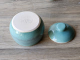 Handmade Ceramic Sugar Bowl – Mottled Green & Blue Glaze with White Interior – Wheel-Thrown Stoneware - Buxton Pottery