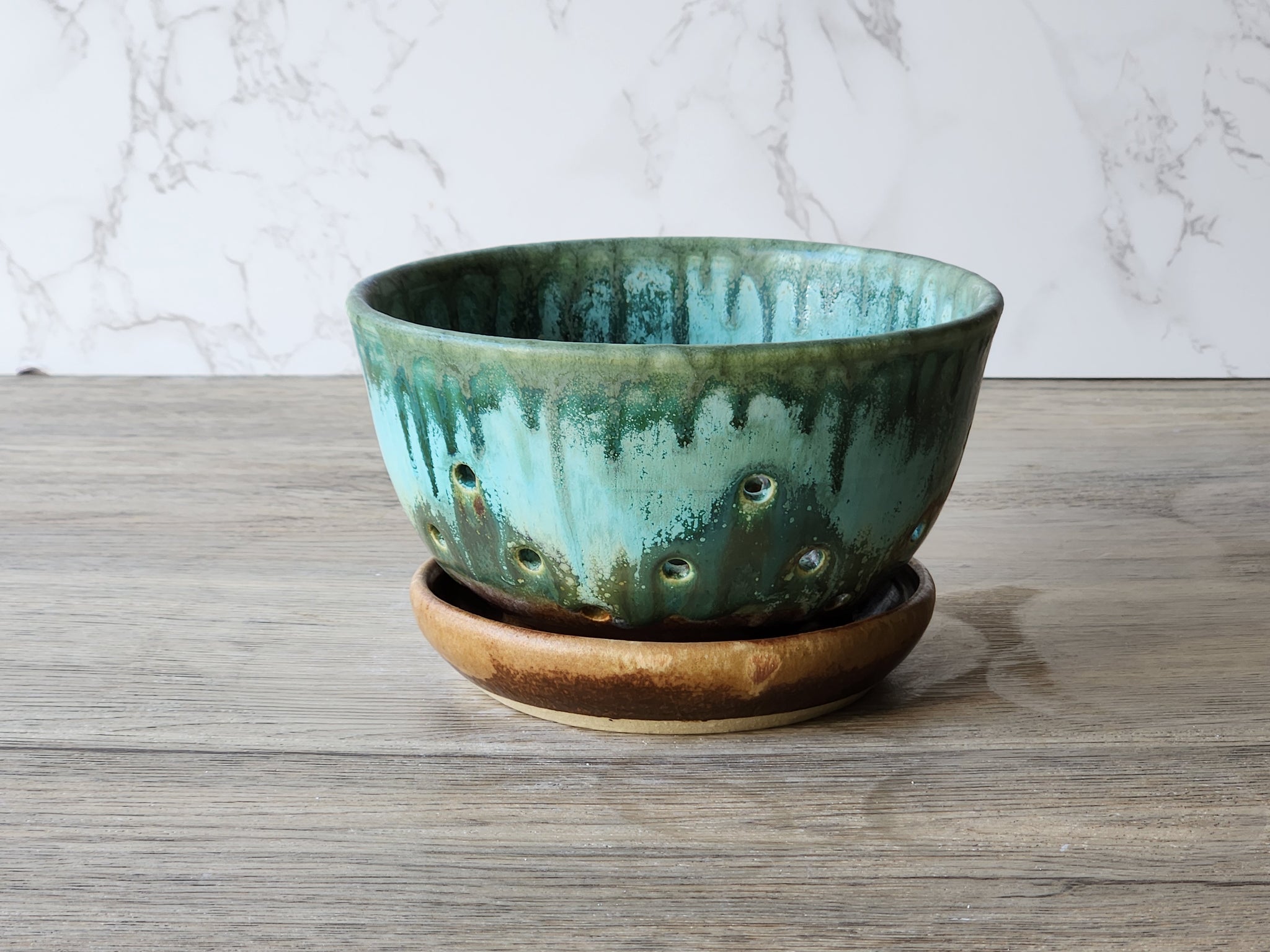 Rustic Ceramic Berry Bowl – Handmade Pottery with Drainage Plate , 15cm - Buxton Pottery