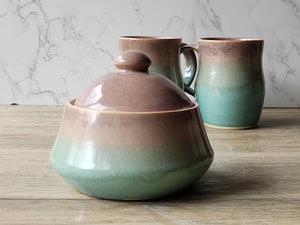 Two-cup capacity ceramic sugar bowl with oatmeal glaze interior – food-safe and wheel-thrown