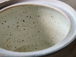 Close up of Speckled cream ceramic storage jar