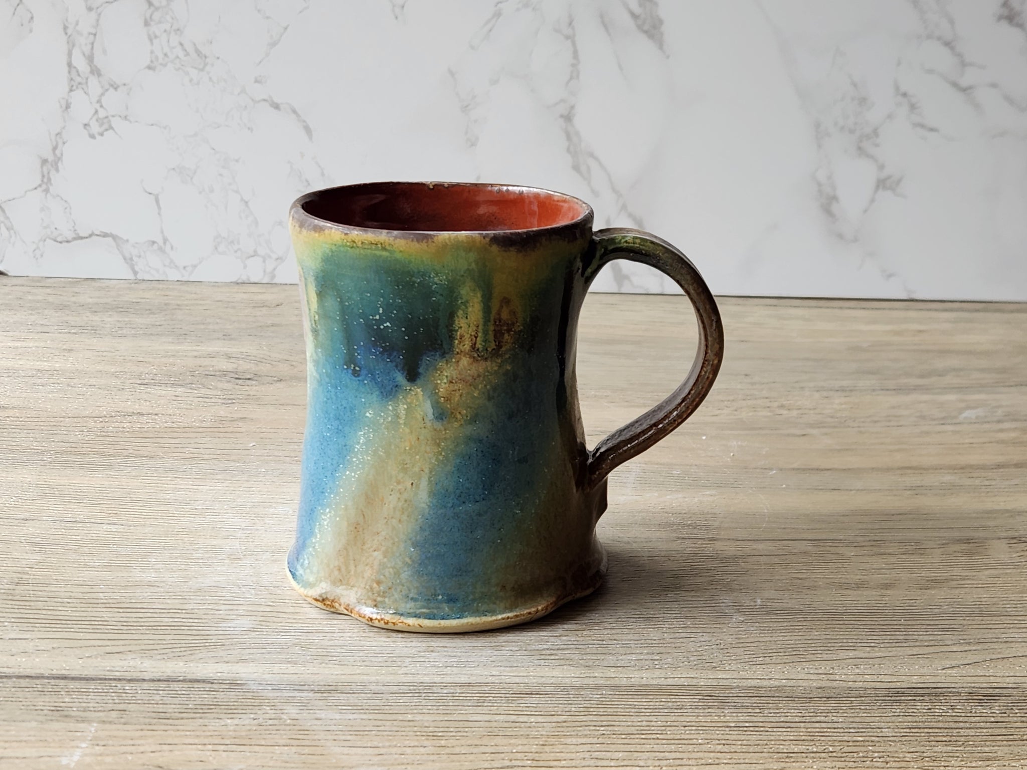 Rustic Handmade Ceramic Mug – 350ml – pottery mug - Ash Drip with Blue & Brown Glaze – Red-Brown Interior - Buxton Pottery