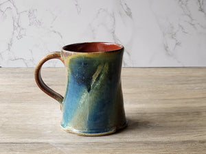 Rustic Handmade Ceramic Mug – 350ml – pottery mug - Ash Drip with Blue & Brown Glaze – Red-Brown Interior - Buxton Pottery