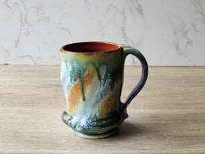 Rustic Handmade Ceramic Mug – 350ml – Green, Amber & Blue Drip Glaze with Red-Brown Interior - Buxton Pottery