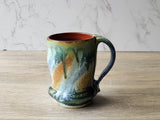 Rustic Handmade Ceramic Mug – 350ml – Green, Amber & Blue Drip Glaze with Red-Brown Interior - Buxton Pottery