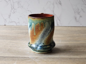 Rustic Handmade Ceramic Mug – 350ml – Green, Amber & Blue Drip Glaze with Red-Brown Interior - Buxton Pottery