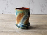 Rustic Handmade Ceramic Mug – 350ml – Green, Amber & Blue Drip Glaze with Red-Brown Interior - Buxton Pottery