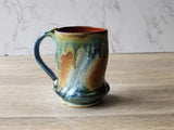 Rustic Handmade Ceramic Mug – 350ml – Green, Amber & Blue Drip Glaze with Red-Brown Interior - Buxton Pottery