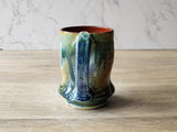 Rustic Handmade Ceramic Mug – 350ml – Green, Amber & Blue Drip Glaze with Red-Brown Interior - Buxton Pottery