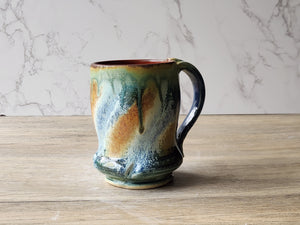Rustic Handmade Ceramic Mug – 350ml – Green, Amber & Blue Drip Glaze with Red-Brown Interior - Buxton Pottery