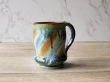 Rustic Handmade Ceramic Mug – 350ml – Green, Amber & Blue Drip Glaze with Red-Brown Interior - Buxton Pottery