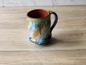 Rustic Handmade Ceramic Mug – 350ml – Green, Amber & Blue Drip Glaze with Red-Brown Interior - Buxton Pottery