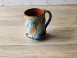 Rustic Handmade Ceramic Mug – 350ml – Green, Amber & Blue Drip Glaze with Red-Brown Interior - Buxton Pottery