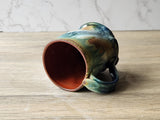Rustic Handmade Ceramic Mug – 350ml – Green, Amber & Blue Drip Glaze with Red-Brown Interior - Buxton Pottery