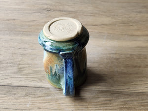Rustic Handmade Ceramic Mug – 350ml – Green, Amber & Blue Drip Glaze with Red-Brown Interior - Buxton Pottery