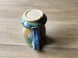 Rustic Handmade Ceramic Mug – 350ml – Green, Amber & Blue Drip Glaze with Red-Brown Interior - Buxton Pottery