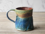 Handmade Rustic Ceramic Mug – 350ml – Altered Form with Red-Brown, Blue & Green Glaze - Buxton Pottery