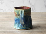 Handmade Rustic Ceramic Mug – 350ml – Altered Form with Red-Brown, Blue & Green Glaze - Buxton Pottery