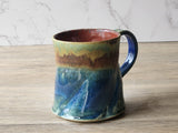 Handmade Rustic Ceramic Mug – 350ml – Altered Form with Red-Brown, Blue & Green Glaze - Buxton Pottery