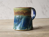 Handmade Rustic Ceramic Mug – 350ml – Altered Form with Red-Brown, Blue & Green Glaze - Buxton Pottery