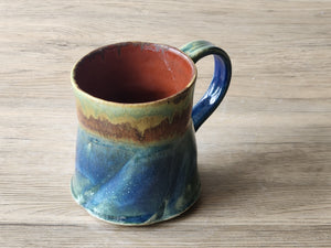 Handmade Rustic Ceramic Mug – 350ml – Altered Form with Red-Brown, Blue & Green Glaze - Buxton Pottery