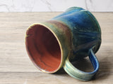 Handmade Rustic Ceramic Mug – 350ml – Altered Form with Red-Brown, Blue & Green Glaze - Buxton Pottery