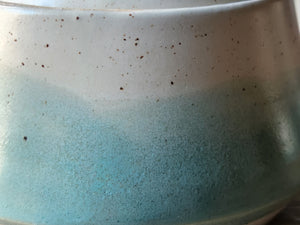 Close-up of a ceramic pot with a gradient cream to green color.