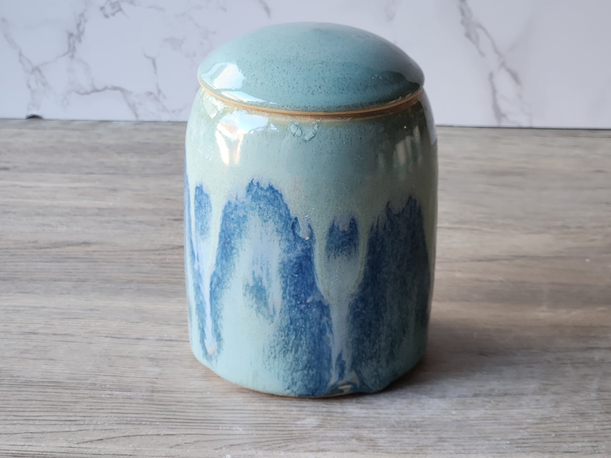 Handmade Pottery canister for tea in green and blue glaze