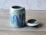 Handmade Pottery sugar bowl with lide in seagreen and blue glaze