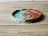 Handmade pottery utensil rest – rustic green and earthy brown